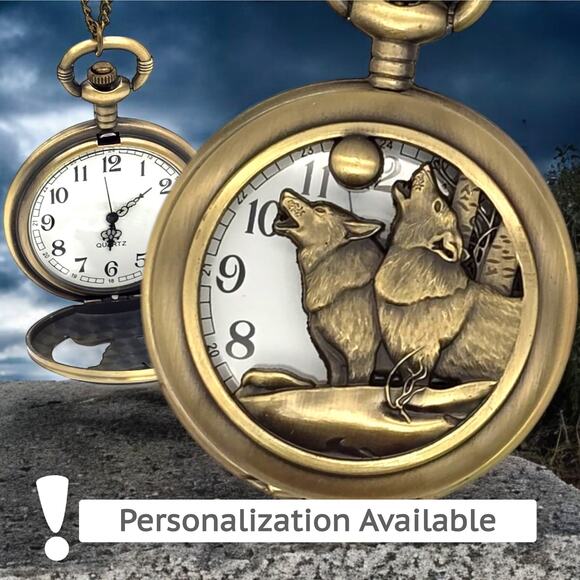 Howling Wolf Pocket Watch - Full Moon Wolves Nature Gift Werewolf Scout Award - Picture 1 of 10